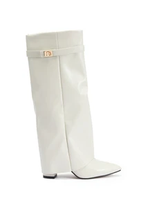 Rylithe 2025 Women's Fold-Over Knee High Boots, Pointed Toe High Heel Boots With Decorative Buckle, Wide Calf Wedge Heel - Beige - View 5