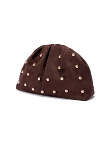 Rylithe 1pc Soft Suede Ruched Clutch Bag With Rivet Decor, Chocolate Brown, Vintage Minimalist Fashion, And Occasions, Wedding, Graduation - Coffee - View 3