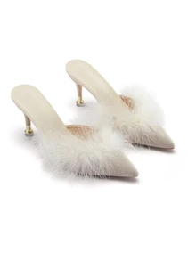 Rylithe Sepatu hak tinggi wanita model mules, sandal slip-on berbulu lembut berujung lancip untuk musim gugur dan musim dingin, sepatu formal putih. - Krem - View 2