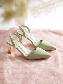 Rylithe Women's High Heel Pumps, Sandals, New Pointed Toe Shoes, PU Leather Thin Heel, Asymmetric Heel High Heel Pumps - Olive Green - View 1