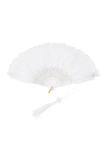Rylithe 1pc Vintage Folding Feather Hand Fan For Women, Classical Dance Cheongsam Fashion Show Palace Fan, Fairy Performance Feather - White - View 2