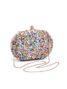 Rylithe Vincy Glitter Handbag Evening Bag With Colored Stones & Rhinestones Decor, Egg-Shaped Clutch Purse, Shoulder/Crossbody/Chain/Clutch Bag - Gold - View 4