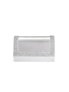 Rylithe Bolso de mano de fiesta formal con solapa y decoración de cristales brillantes, bolso bandolera de hombro PU, bolso de moda - Plateado - Ver 2