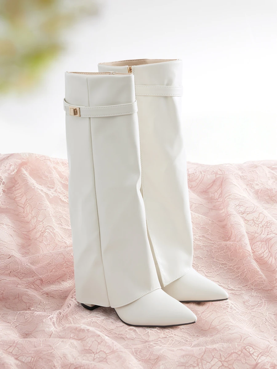 Rylithe 2025 Women's Fold-Over Knee High Boots, Pointed Toe High Heel Boots With Decorative Buckle, Wide Calf Wedge Heel - Beige - View 1