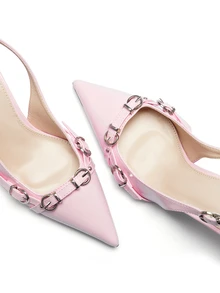 Rylithe Sepatu hak stiletto runcing bergaya Eropa & Amerika dari kulit PU untuk wanita, dengan hiasan kancing jamur dan gesper. - Berwarna merah muda - View 6