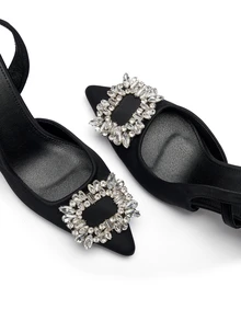 Rylithe Fashionable Women's Black High Heel Pointed Toe Bowknot Rhinestone Decor Sandals Valentines,Elegant,Women Pumps - Black - View 6