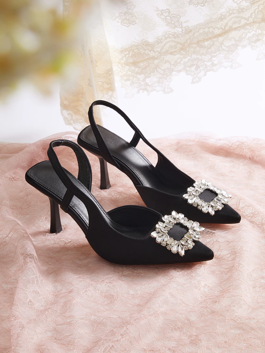 Rylithe Fashionable Women's Black High Heel Pointed Toe Bowknot Rhinestone Decor Sandals Valentines,Elegant,Women Pumps - Black - View 1