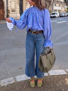 Vertical Striped High Neck Bubble Sleeve Shirt With Tie Cuffs - Blue - View 2