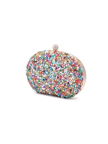 Rylithe Vincy Glitter Handbag Evening Bag With Colored Stones & Rhinestones Decor, Egg-Shaped Clutch Purse, Shoulder/Crossbody/Chain/Clutch Bag - Gold - View 3