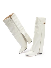 Rylithe 2025 Women's Fold-Over Knee High Boots, Pointed Toe High Heel Boots With Decorative Buckle, Wide Calf Wedge Heel - Beige - View 4