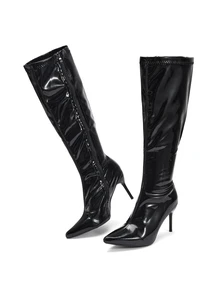 Rylithe Women's Pointed Toe PU Thin High Heel Knee-High Boots, Fashion Side Zipper Sexy Party Slimming Versatile Tall Boots - Black - View 4