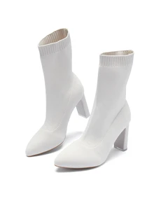 Rylithe Women's Chunky Heel Pointed Toe Elastic Ankle Boots, White Knit Ankle Boots, Fashionable Solid Color Booties For Autumn/Winter - White - View 4
