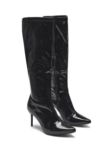 Rylithe Women's Pointed Toe PU Thin High Heel Knee-High Boots, Fashion Side Zipper Sexy Party Slimming Versatile Tall Boots - Black - View 2