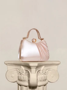 Rylithe Moonlit EveBag 1 chiếc Túi Clutch Xếp Ly Satin Sang Trọng Trang Trí Đá Rhinestone Lấp Lánh Cho Tiệc Tối - Màu be - Xem 1
