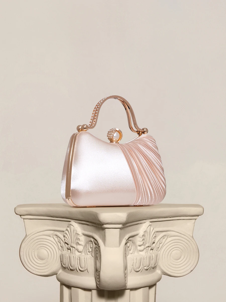 Rylithe Moonlit EveBag 1 chiếc Túi Clutch Xếp Ly Satin Sang Trọng Trang Trí Đá Rhinestone Lấp Lánh Cho Tiệc Tối - Màu be - Xem 1