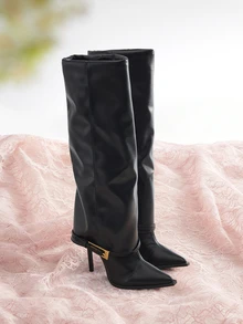 Rylithe Women's Fashionable Suede Pointed Toe Stiletto High Heel Slip-On Knee-High Boots, Brown, Khaki, Black - Black - View 1