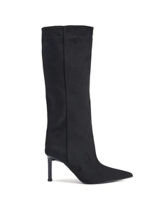 Rylithe Women's Fashionable Suede Pointed Toe Stiletto High Heel Slip-On Knee-High Boots, Brown, Khaki, Black - Black - View 5