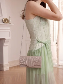 Rylithe Lightweight Business Casual Crystal Decor Drawstring Bucket Bag, Transparent Pearl Clutch Purse, Charming, Elegant - Gold - View 2