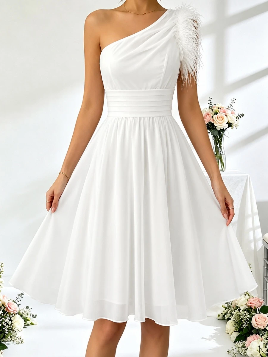 Vestido de fiesta para novia, regalo de boda para mujer, vestido de noche de fiesta con diseño de hombros de gasa, vestido de cóctel de plumas, vestido formal escolar blanco de otoño - Blanco - Ver 1