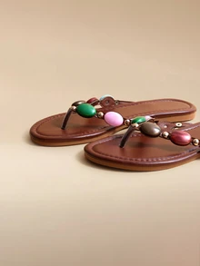 Glizzene 1 Pair Solid Color Vacation PU Leather Beaded Gem Flat Sandals, Summer,Beach Shoes,Flip Flops - Brown - View 5