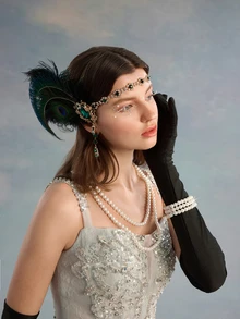 Rylithe 5pcs 1920s Flapper Gatsby Costume Accessories Set 20s Artificial Flapper Feather Headband Vintage Pearl Necklace Gloves - Hairband Set - View 3