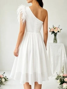 Vestido de fiesta para novia, regalo de boda para mujer, vestido de noche de fiesta con diseño de hombros de gasa, vestido de cóctel de plumas, vestido formal escolar blanco de otoño - Blanco - Ver 2