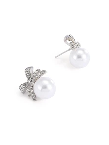 Rylithe 1 Pair Elegant Bow Faux Pearl Rhinestone Stud Earrings Valentines - Silver - View 4