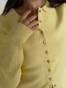 FOR BEAUTY 秋冬女款 Y2K 優雅 Polo 領鈕扣開襟純色長袖細針織開襟衫上衣 適合校園、辦公室、返校日 黃色 - 黃色 - 查看 3