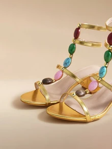Glizzene Spring/Summer 5.3cm Women's High Heel Sandals, Round Toe Chunky Heel, Roman Style Handmade Rivet Decor - Gold - View 5