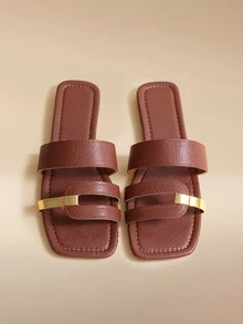 Glizzene 女士春夏新款方頭平底防滑耐磨金條紋鏤空棕色拖鞋 - 棕色 - 查看 2