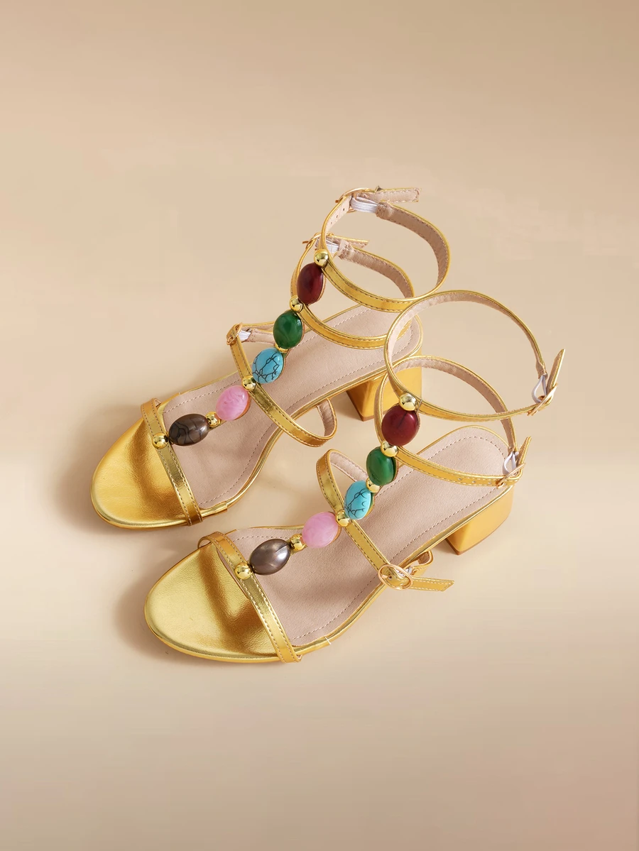 Glizzene Spring/Summer 5.3cm Women's High Heel Sandals, Round Toe Chunky Heel, Roman Style Handmade Rivet Decor - Gold - View 1