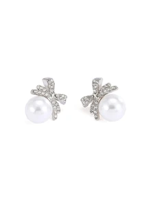 Rylithe 1 Pair Elegant Bow Faux Pearl Rhinestone Stud Earrings Valentines - Silver - View 3