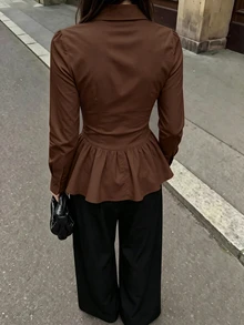 Blus Four Seasons Girls Seksi Warna Cokelat Kopi Slim Fit Lengan Panjang dengan Hiasan Rumbai di Bagian Bawah - Coffee Brown - View 2