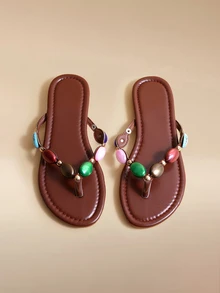Glizzene 1 Pair Solid Color Vacation PU Leather Beaded Gem Flat Sandals, Summer,Beach Shoes,Flip Flops - Brown - View 2