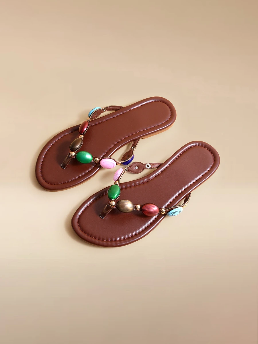 Glizzene 1 Pair Solid Color Vacation PU Leather Beaded Gem Flat Sandals, Summer,Beach Shoes,Flip Flops - Brown - View 1