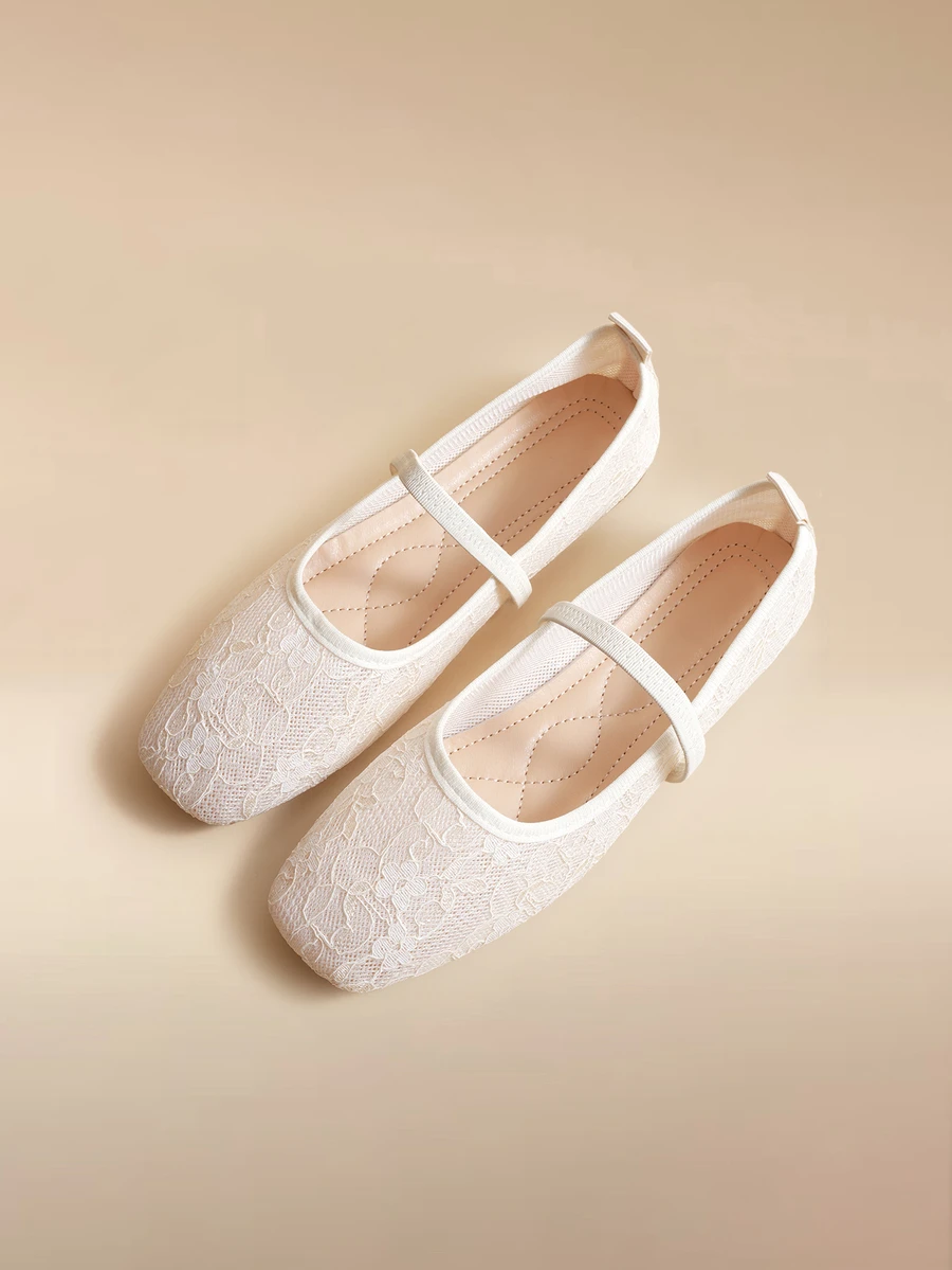 Glizzene 3D Rose Lace Mesh Flat Shoes, Fashion Comfortable Breathable Mary Jane Ballet Shoes, Soft Elegant Loafers, Pearl Hook - Beige - View 1