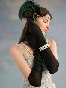 Rylithe 5pcs 1920s Flapper Gatsby Costume Accessories Set 20s Artificial Flapper Feather Headband Vintage Pearl Necklace Gloves - Hairband Set - View 2