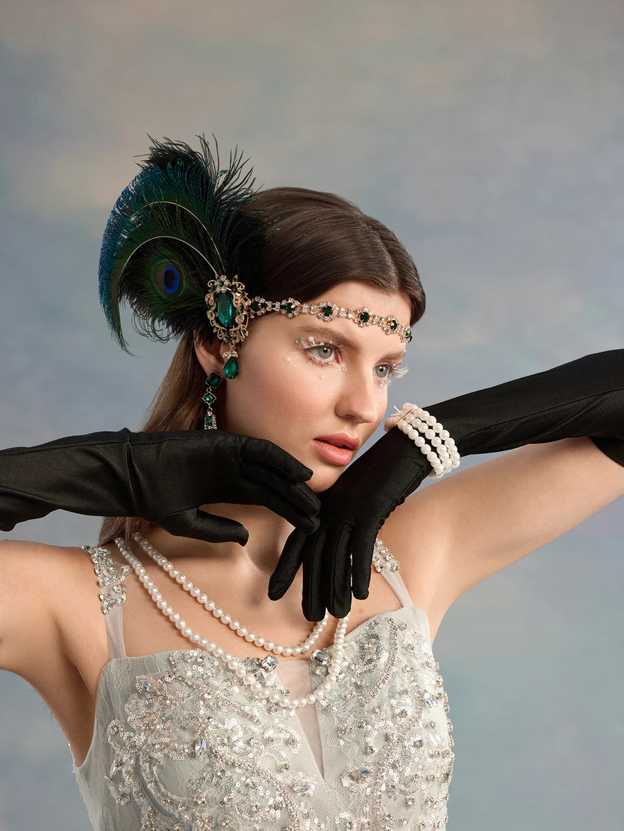 Rylithe 5pcs 1920s Flapper Gatsby Costume Accessories Set 20s Artificial Flapper Feather Headband Vintage Pearl Necklace Gloves - Hairband Set - View 1