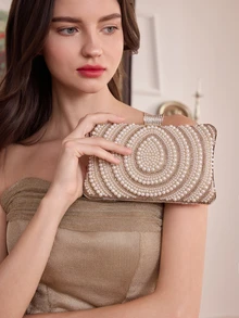 Rylithe Moonlit EveBag Women's Faux Pearl Decorated Evening Clutch, Handbag, Wedding Bag, Party Purse, Prom Bag - Beige - View 1
