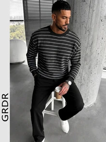 GRDR Men's Casual Daily Commute Striped Knit Pullover Sweater Basic Style - Black - View 4