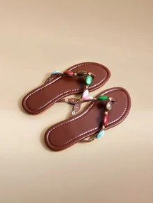 Glizzene 1 Pair Solid Color Vacation PU Leather Beaded Gem Flat Sandals, Summer,Beach Shoes,Flip Flops - Brown - View 3
