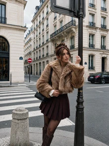 Women Fall Winter Elegant Casual Faux Fur Long Sleeve Short Jacket For Office Work Daily Going Out Vacation - Camel - View 3