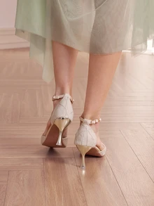 Rylithe Perfect With White Dress Women's Chunky Heeled Pumps, Pointed Toe, Hollow-Out, Rhinestone Buckle Strap Valentines,Elegant,Party - Champagne - View 4