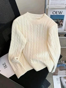 Autumn/Winter Casual Embroidered Crew Neck Cable Knit Sweater For Women, New Loose Cardigan Knitwear White Fall - White - View 2