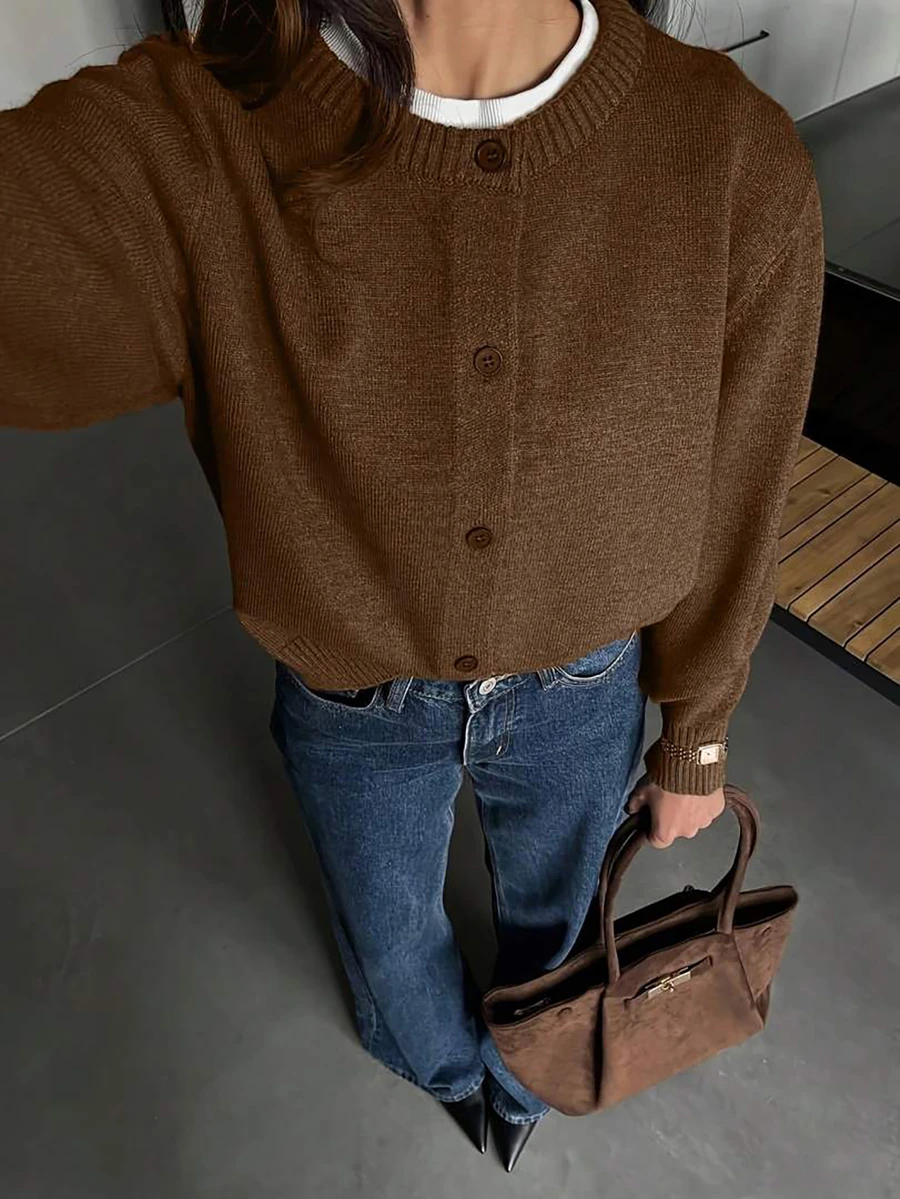 2026 New Fall Clothes For Women Fashionable Casual Solid Crew Neck Ribbed Button Long Sleeve Sweater Knit Cardigan