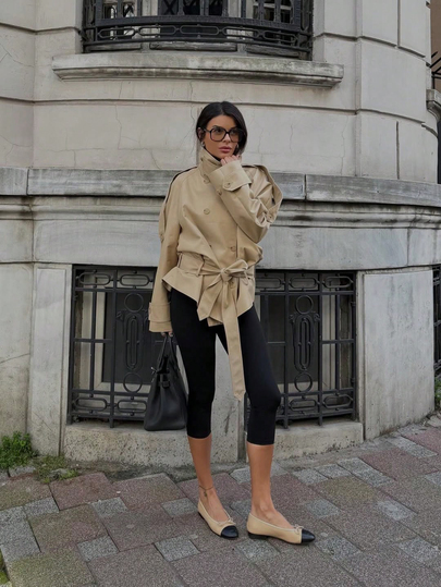 Women's High Collar Double-Breasted Belt Jacket, Solid Color Elegant Outerwear With High Collar And Belt, Minimalist Street Style Autumn Clothing