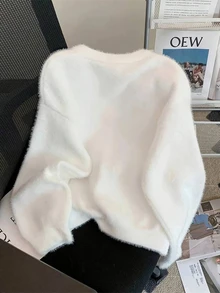 Women's Casual Fuzzy Knit Cardigan Sweater, Round Neck Pearl Button Long Sleeve Soft Fluffy Short Jacket, Suitable For Autumn/Winter - White - View 3