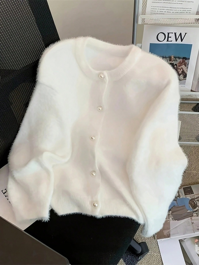 Women's Casual Fuzzy Knit Cardigan Sweater, Round Neck Pearl Button Long Sleeve Soft Fluffy Short Jacket, Suitable For Autumn/Winter