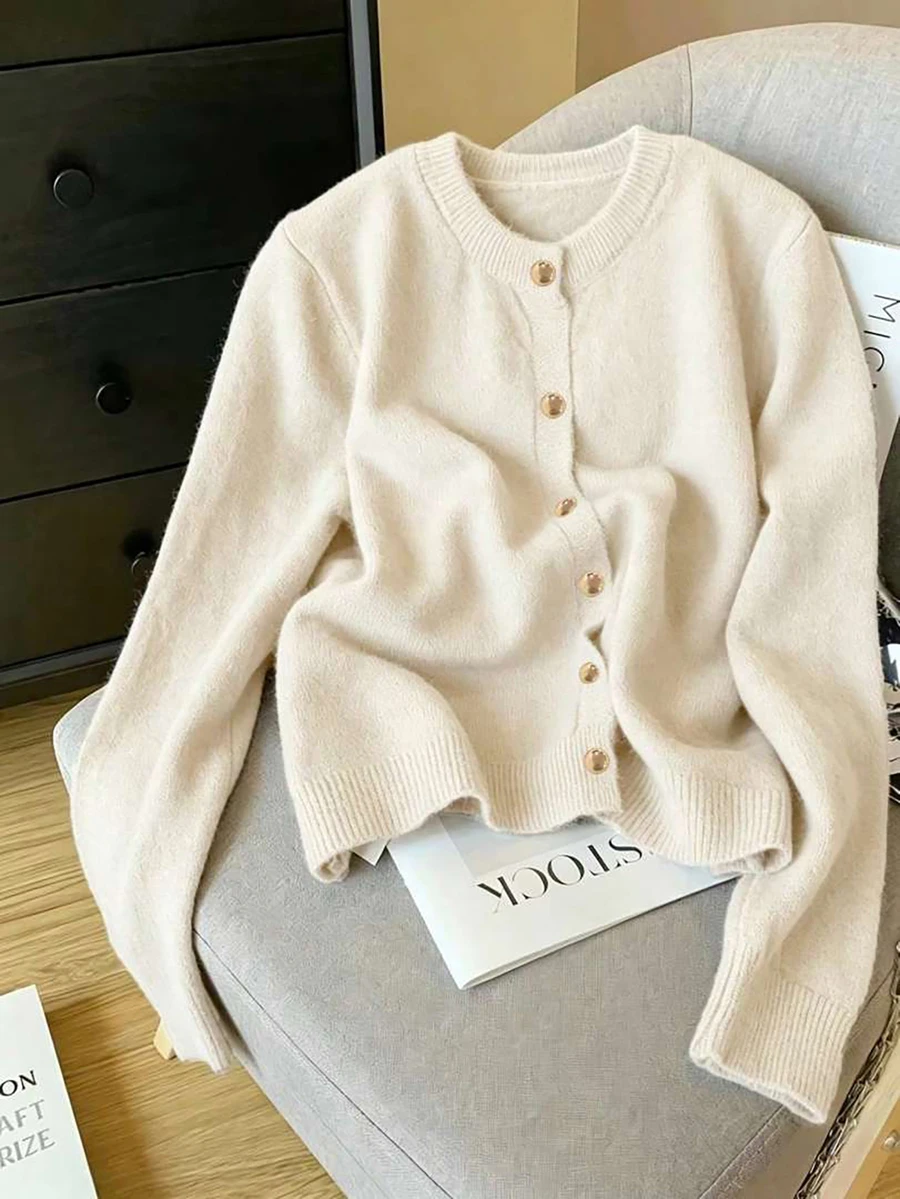 Casual Solid Gold Button Front Cardigan For Spring And Autumn, Long Sleeve Tops Fall Winter Clothes For Women