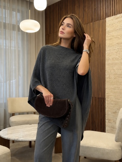 MORI Autumn/Winter Dark Grey Women's Loose Knit Shawl Pullover Sweater, Quiet Luxury Elegant Fashion, Suitable For Office, Vacation And Outings